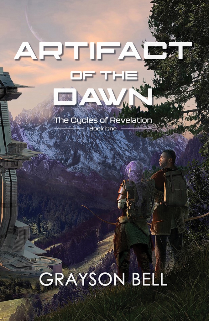 Depiction of two men standing on a hillside overlooking a valley with a high-tech tower and mountains in the background. 

The taller man has dark skin, short black hair, and a closely cropped beard.

The shorter man has very pale skin, long purple, braided hair, and pointed ears.