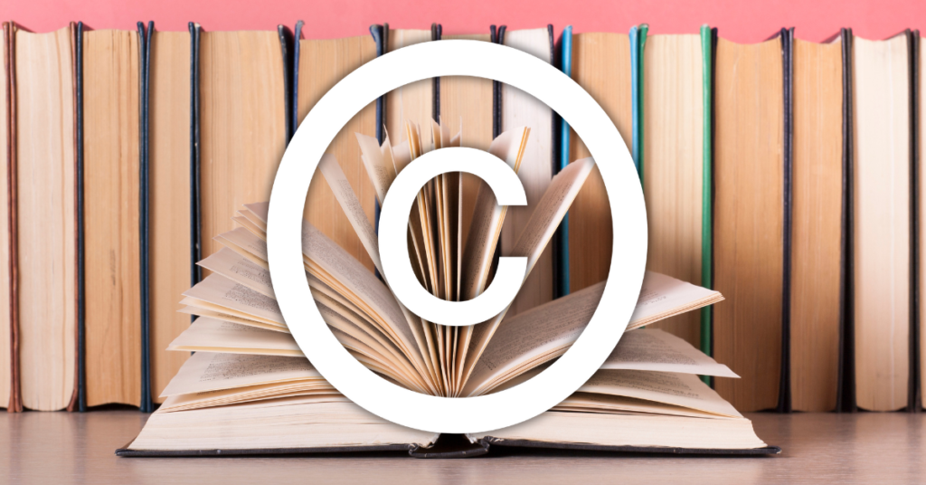 A row of books lined up behind a book laying open with its pages displayed in an arc, with a large copyright symbol superimposed over the center of the image.