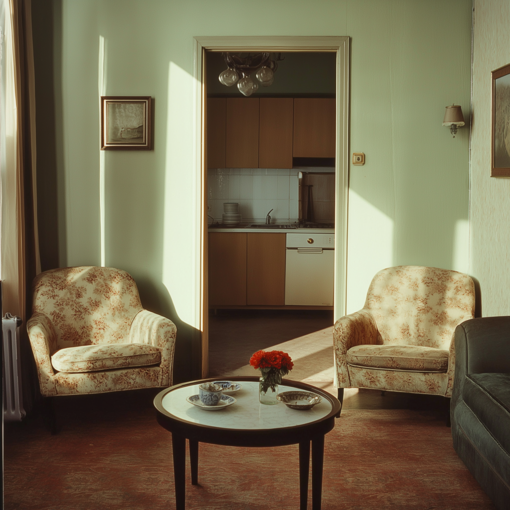 Jevan and Ardyn's apartment in Donarvon. Two floral patterned arm chairs sit on either side of a doorway leading to a kitchen. Along the right wall is a couch, with a circular coffee table in the middle of the room.