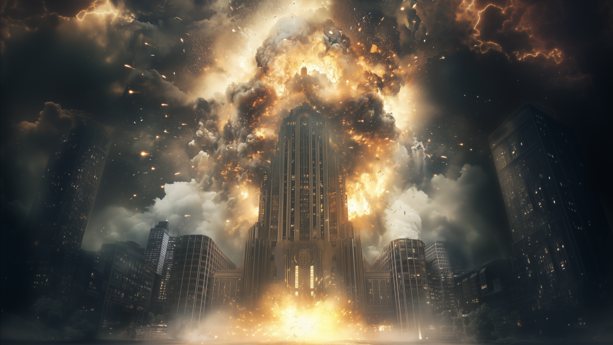 An art déco styled government building exploding.
