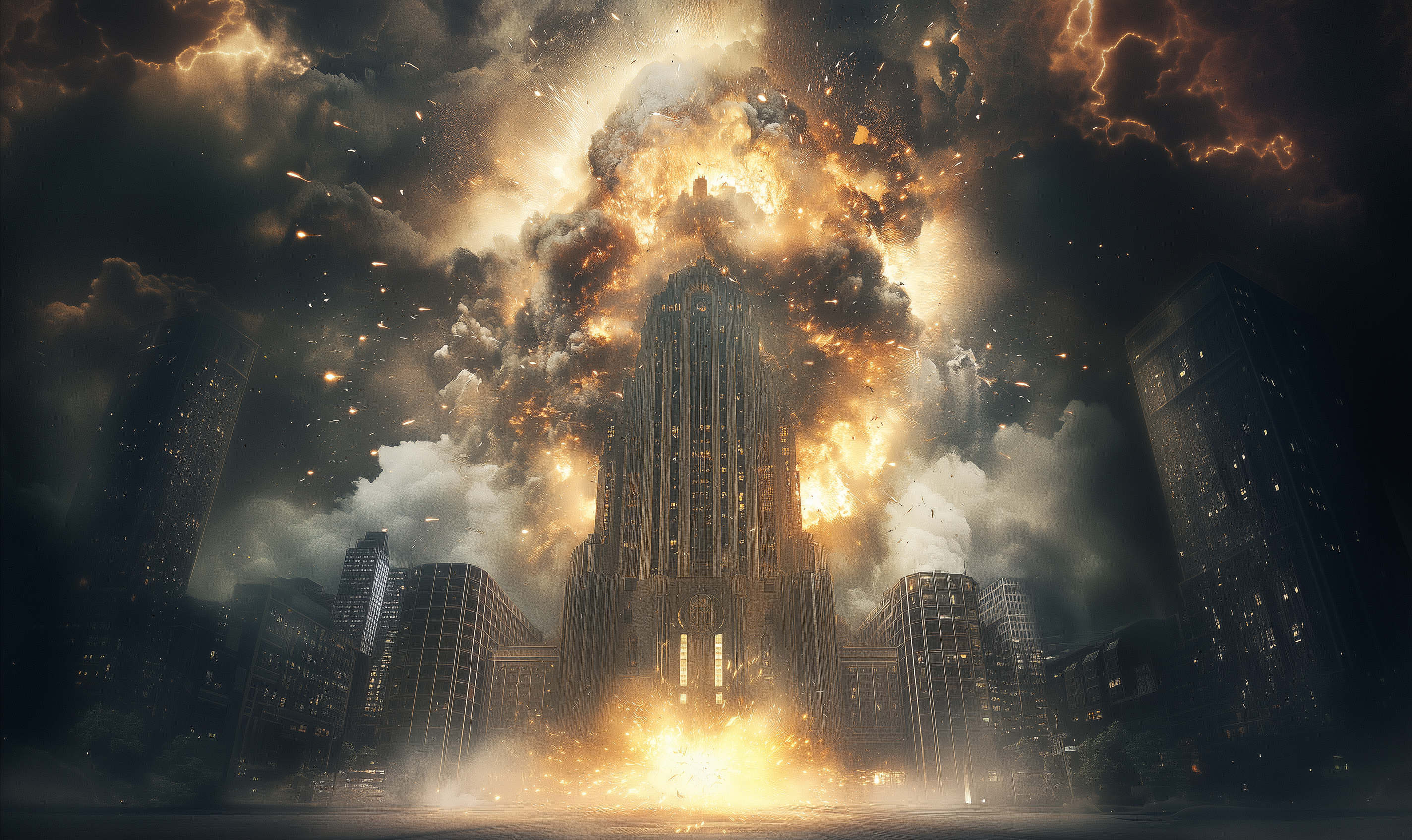 An art déco styled government building exploding.